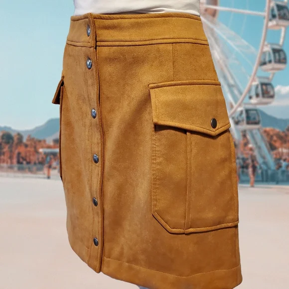 Joe Fresh Faux Suede Mini Skirt Camel Button Front Pocket Detail Size 8 - Picture 2 of 7